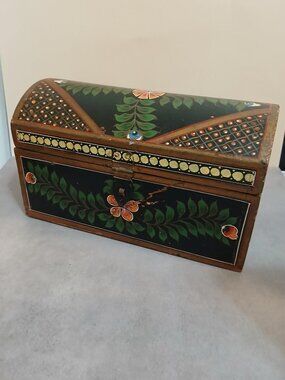 Vintage Hand Painted Folk Art Wooden Trunk-Style Box